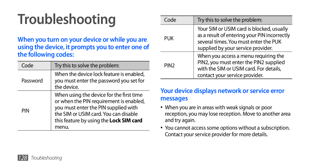 Samsung GT-I9000HKDJED, GT-I9000HKYDRE manual Troubleshooting, Your device displays network or service error messages 