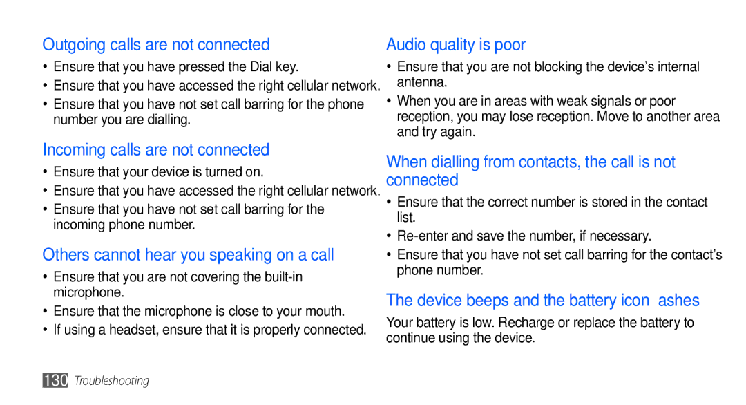 Samsung GT-I9000HKYKEN manual Outgoing calls are not connected, Incoming calls are not connected, Audio quality is poor 