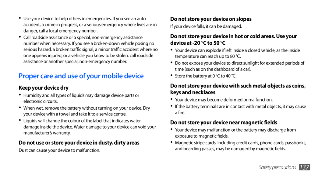 Samsung GT-I9000HKDXSS, GT-I9000HKYDRE, GT-I9000HKDEPL manual Proper care and use of your mobile device, Keep your device dry 