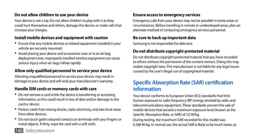 Samsung GT-I9000RWDJED Specific Absorption Rate SAR certification information, Do not allow children to use your device 