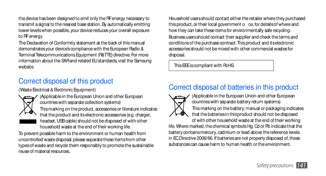 Samsung GT-I9000RWXKSA, GT-I9000HKYDRE Correct disposal of this product, Correct disposal of batteries in this product 