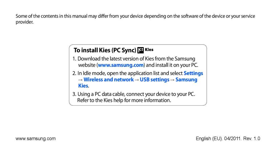 Samsung GT-I9000HKYXSS, GT-I9000HKYDRE manual To install Kies PC Sync, → Wireless and network → USB settings → Samsung Kies 