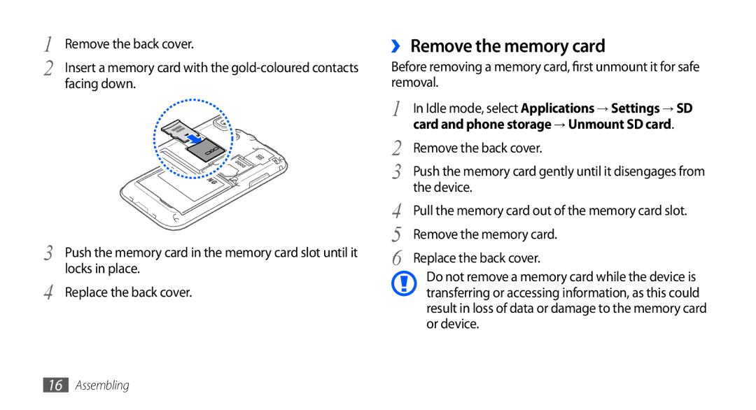 Samsung GT-I9000HKAEPL, GT-I9000HKYDRE, GT-I9000HKDEPL manual ›› Remove the memory card, Facing down, Locks in place 