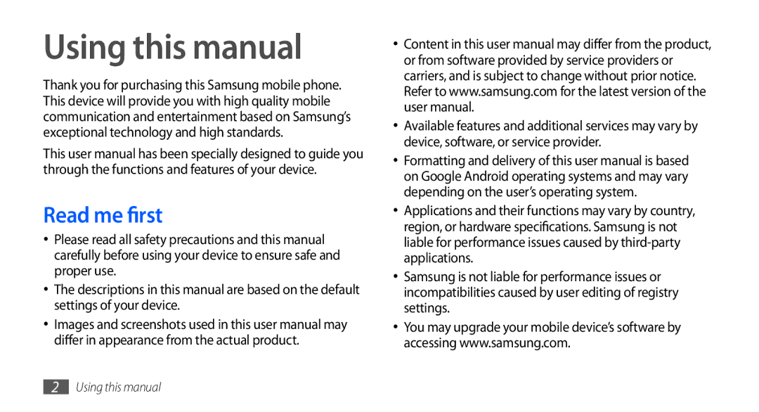 Samsung GT-I9000HKDDTM, GT-I9000HKYDRE, GT-I9000HKDEPL, GT-I9000RWYEUR, GT-I9000RWYVIA Using this manual, Read me first 