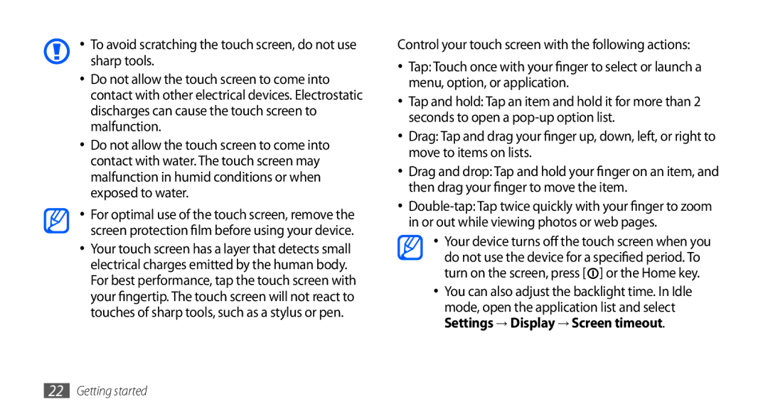 Samsung GT-I9000HKADTM, GT-I9000HKYDRE, GT-I9000HKDEPL, GT-I9000HKDDTM, GT-I9000RWYEUR, GT-I9000RWYVIA manual Getting started 