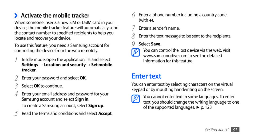 Samsung GT-I9000HKDFTM, GT-I9000HKYDRE, GT-I9000HKDEPL, GT-I9000HKDDTM Enter text, ›› Activate the mobile tracker, Tracker 