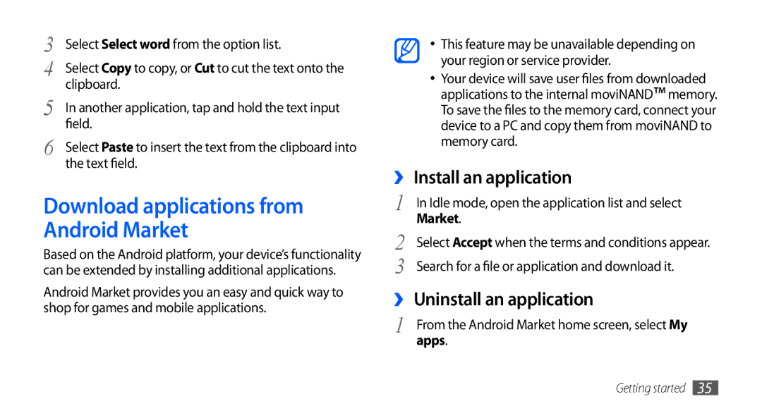 Samsung GT-I9000RWYVGF Download applications from Android Market, ›› Install an application, ›› Uninstall an application 