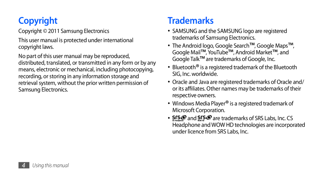 Samsung GT-I9000RWYVIA, GT-I9000HKYDRE, GT-I9000HKDEPL, GT-I9000HKDDTM Trademarks, Copyright 2011 Samsung Electronics 