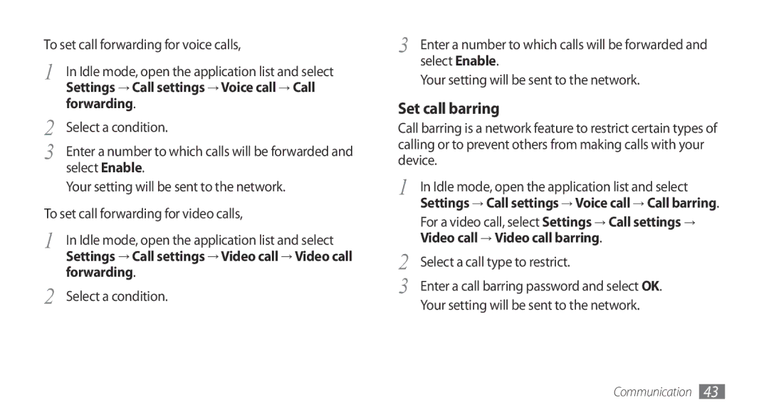 Samsung GT-I9000HKYSFR manual Settings → Call settings → Voice call → Call forwarding, Forwarding, Select a condition 