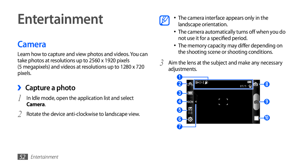 Samsung GT-I9000HKDXEF, GT-I9000HKYDRE, GT-I9000HKDEPL, GT-I9000HKDDTM manual Entertainment, Camera, ›› Capture a photo 