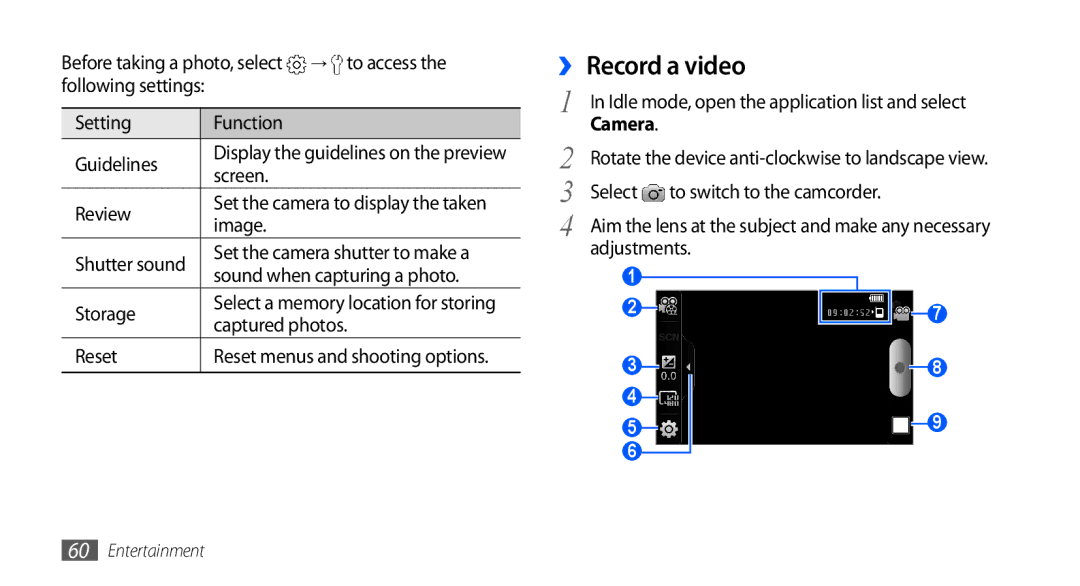 Samsung GT-I9000HKAITV, GT-I9000HKYDRE, GT-I9000HKDEPL, GT-I9000HKDDTM, GT-I9000RWYEUR, GT-I9000RWYVIA manual ›› Record a video 