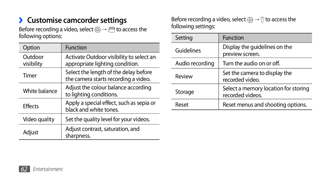 Samsung GT-I9000HKYTIM, GT-I9000HKYDRE, GT-I9000HKDEPL, GT-I9000HKDDTM, GT-I9000RWYEUR manual ›› Customise camcorder settings 