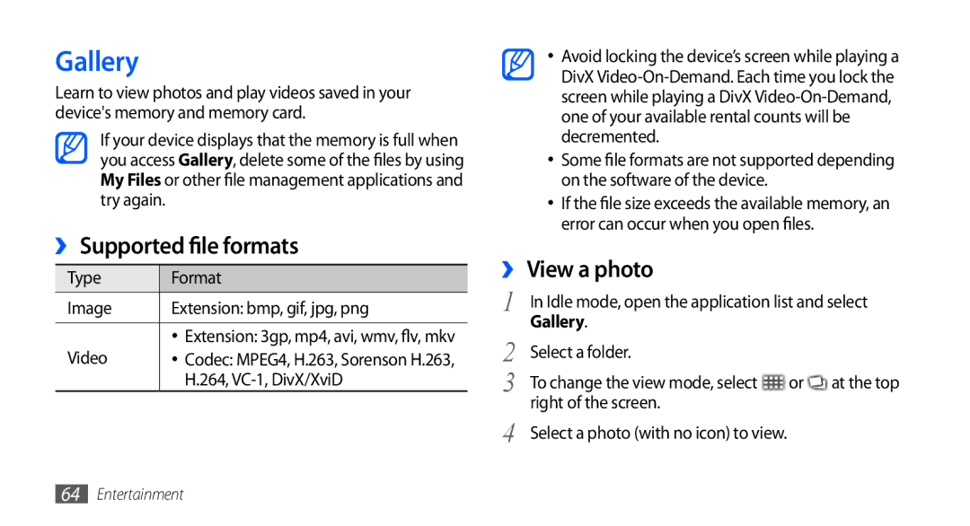 Samsung GT-I9000HKYVOM, GT-I9000HKYDRE, GT-I9000HKDEPL, GT-I9000HKDDTM Gallery, ›› Supported file formats, ›› View a photo 