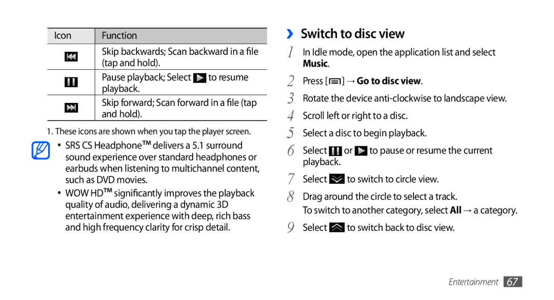 Samsung GT-I9000HKDXEU, GT-I9000HKYDRE, GT-I9000HKDEPL, GT-I9000HKDDTM manual ›› Switch to disc view, Music, → Go to disc view 