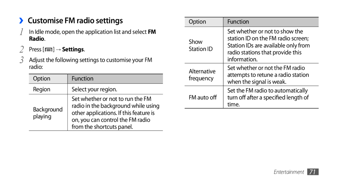 Samsung GT-I9000RWYITV, GT-I9000HKYDRE, GT-I9000HKDEPL, GT-I9000HKDDTM manual ›› Customise FM radio settings, → Settings 