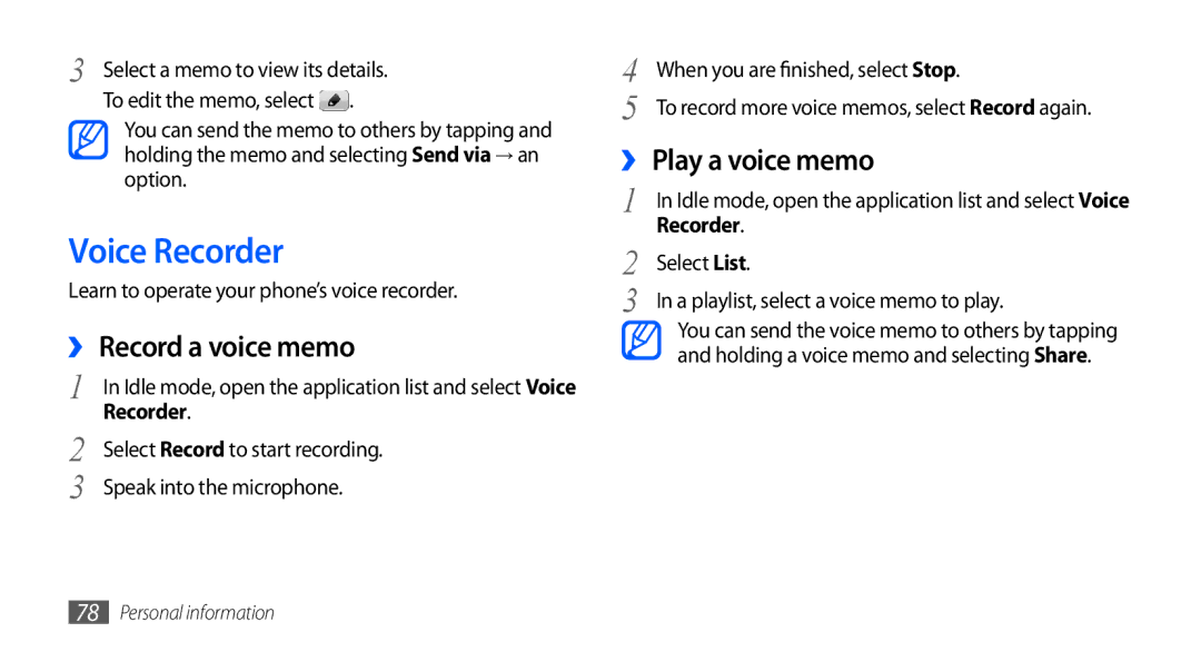 Samsung GT-I9000HKAATL, GT-I9000HKYDRE, GT-I9000HKDEPL manual Voice Recorder, ›› Record a voice memo, ›› Play a voice memo 