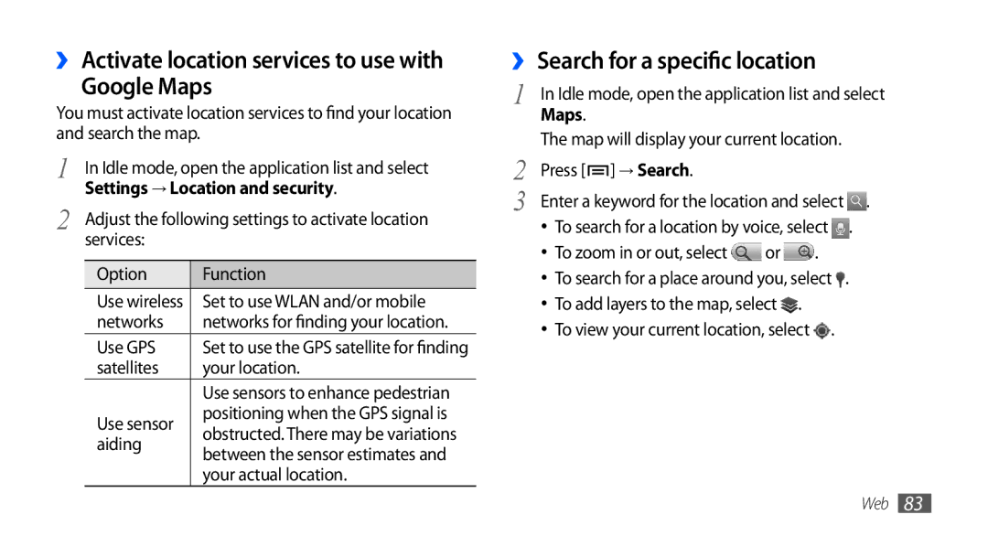 Samsung GT-I9000HKDYOG manual Google Maps, ›› Search for a specific location, Settings → Location and security, → Search 