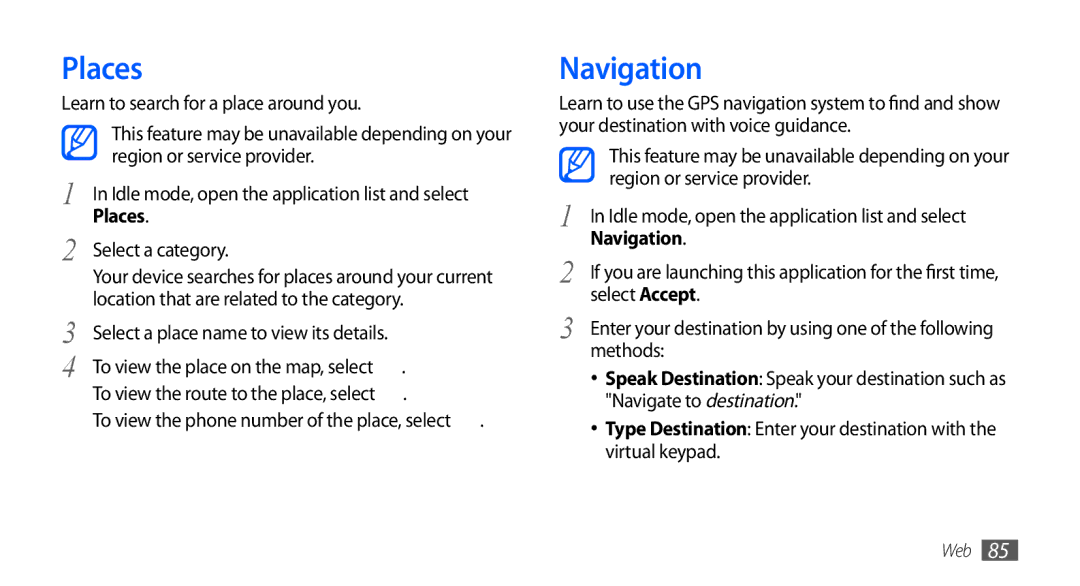 Samsung GT-I9000HKDAMN, GT-I9000HKYDRE, GT-I9000HKDEPL, GT-I9000HKDDTM, GT-I9000RWYEUR, GT-I9000RWYVIA manual Places, Navigation 