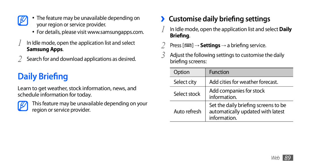 Samsung GT-I9000HKDFOP, GT-I9000HKYDRE, GT-I9000HKDEPL, GT-I9000HKDDTM Daily Briefing, ›› Customise daily briefing settings 