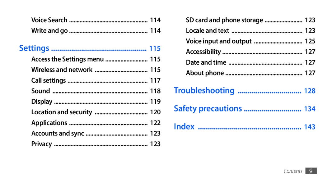 Samsung GT-I9000HKDEUR, GT-I9000HKYDRE, GT-I9000HKDEPL, GT-I9000HKDDTM Settings, Troubleshooting, Safety precautions, Index 