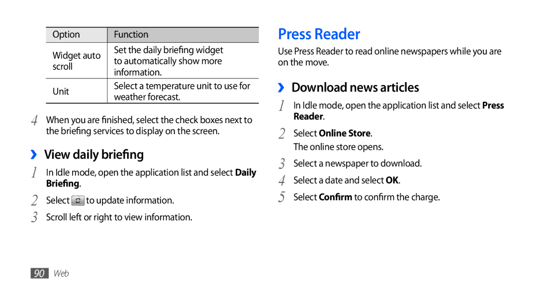 Samsung GT-I9000HKAXEC manual Press Reader, ›› View daily briefing, ›› Download news articles, Select Online Store 