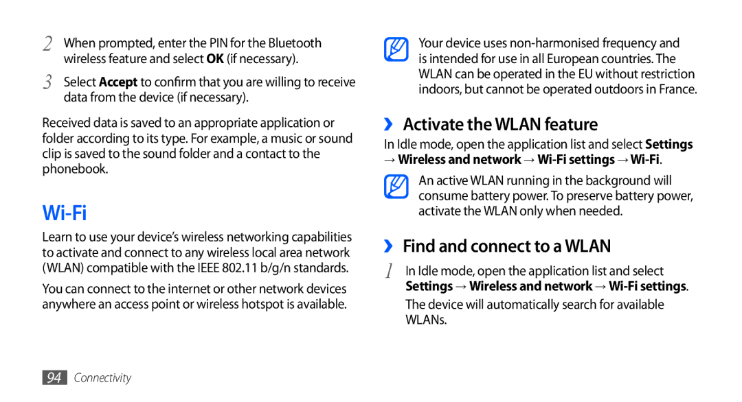 Samsung GT-I9000HKDXEC, GT-I9000HKYDRE, GT-I9000HKDEPL Wi-Fi, ›› Activate the Wlan feature, ›› Find and connect to a Wlan 