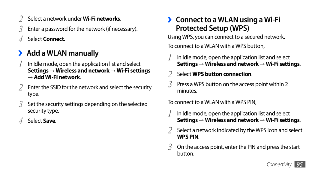 Samsung GT-I9000HKAFOP, GT-I9000HKYDRE ›› Add a Wlan manually, ›› Connect to a Wlan using a Wi-Fi Protected Setup WPS 