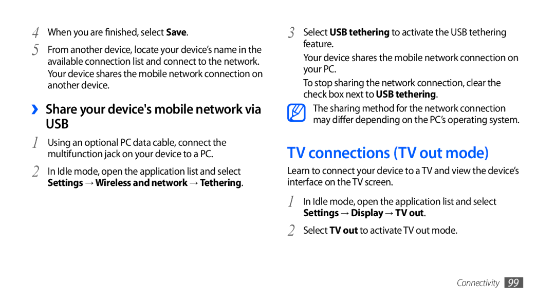 Samsung GT-I9000HKDARB TV connections TV out mode, Feature, Your device shares the mobile network connection on your PC 