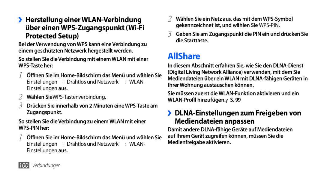 Samsung GT-I9000HKYMOB, GT-I9000HKYDRE manual AllShare, Mediendateien anpassen, ››DLNA-Einstellungen zum Freigeben von 