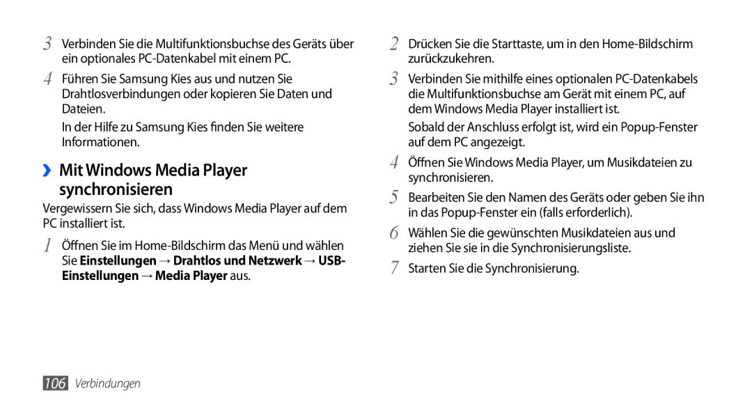 Samsung GT-I9000HKYVIA, GT-I9000HKYDRE manual ››Mit Windows Media Player synchronisieren, Starten Sie die Synchronisierung 