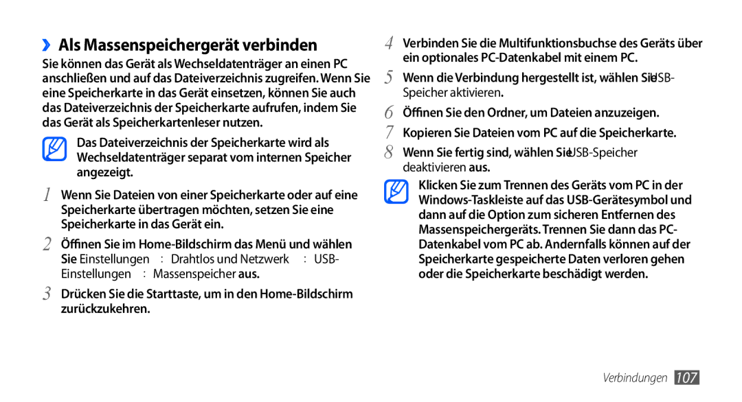 Samsung GT-I9000HKYTMN manual ››Als Massenspeichergerät verbinden, Einstellungen → Massenspeicher aus, Speicher aktivieren 