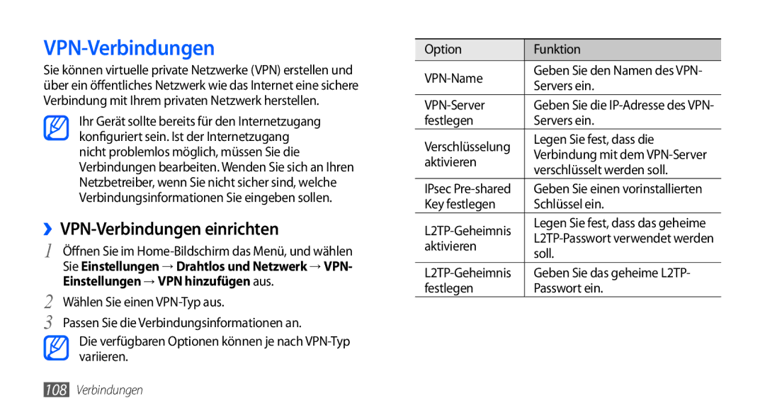 Samsung GT-I9000HKDVD2, GT-I9000HKYDRE manual ››VPN-Verbindungen einrichten, Einstellungen → VPN hinzufügen aus 