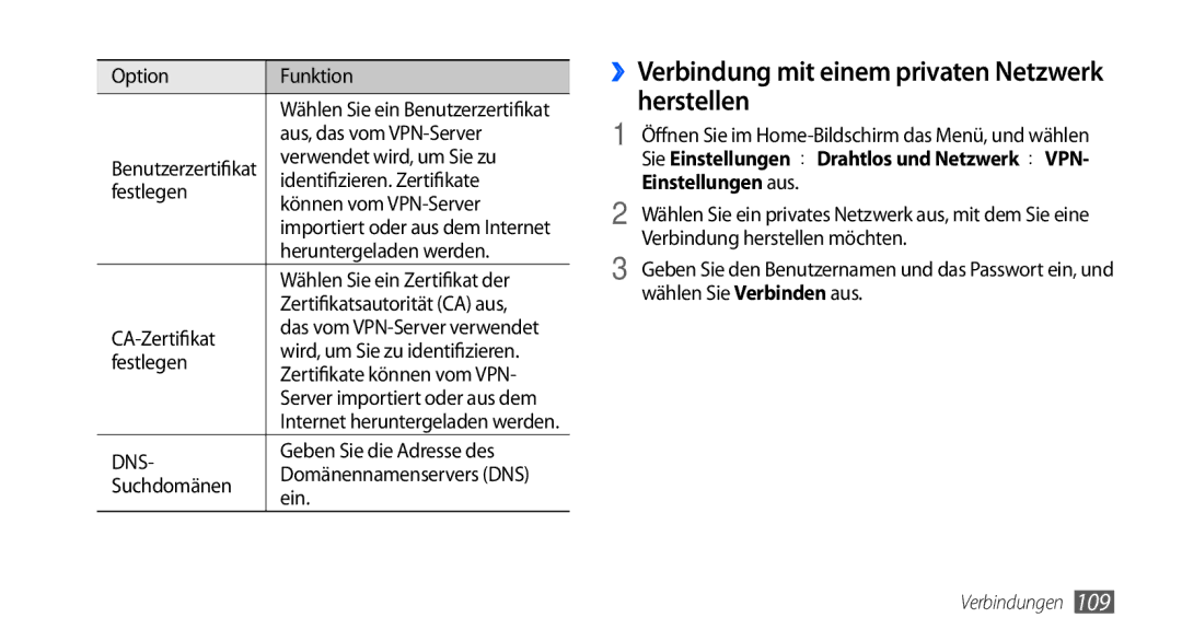 Samsung GT-I9000HKADTM, GT-I9000HKYDRE, GT-I9000HKDEPL, GT-I9000HKDDTM ››Verbindung mit einem privaten Netzwerk herstellen 