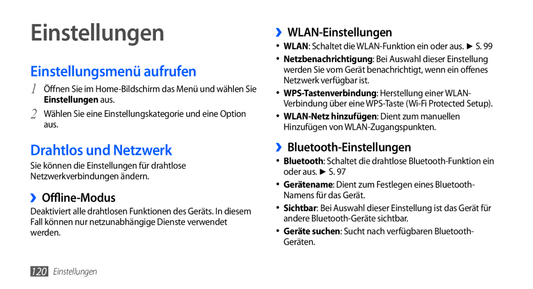 Samsung GT-I9000RWYVIA, GT-I9000HKYDRE, GT-I9000HKDEPL manual Einstellungen, Einstellungsmenü aufrufen, Drahtlos und Netzwerk 