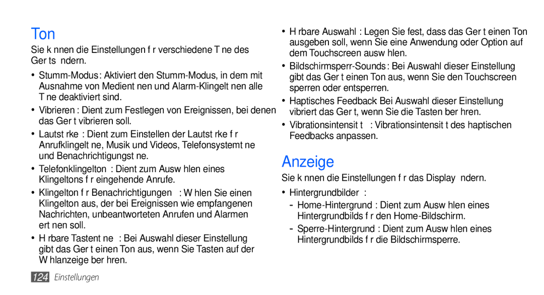 Samsung GT-I9000HKAVD2 manual Ton, Anzeige, Sie können die Einstellungen für das Display ändern, Hintergrundbilder 