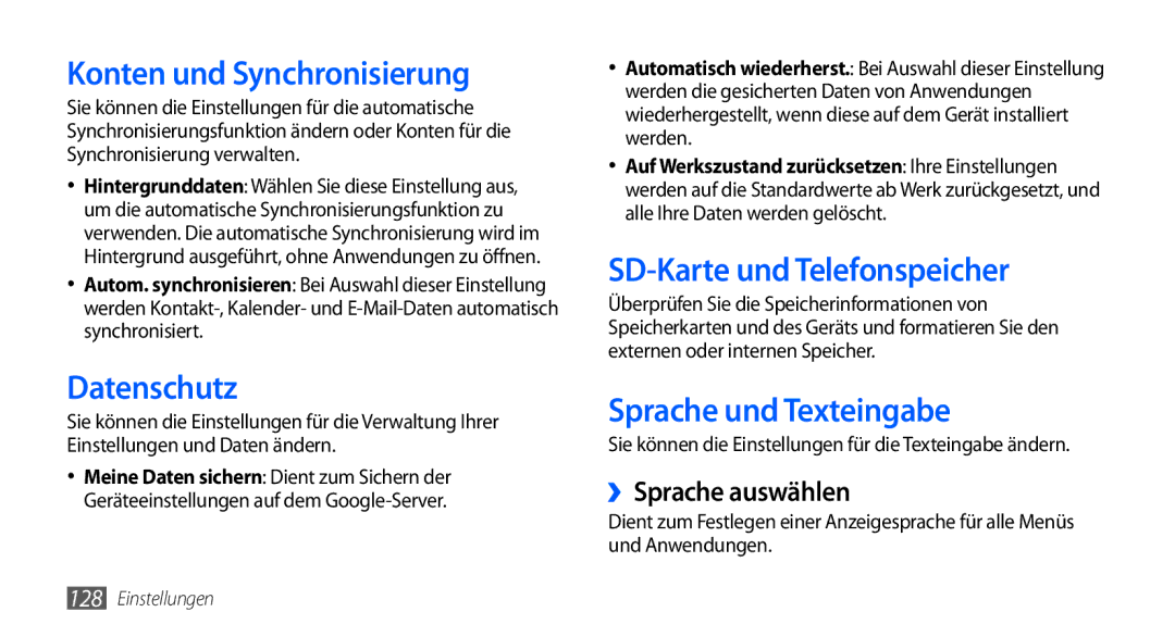 Samsung GT-I9000RWYDTM Konten und Synchronisierung, Datenschutz, SD-Karte und Telefonspeicher, Sprache und Texteingabe 