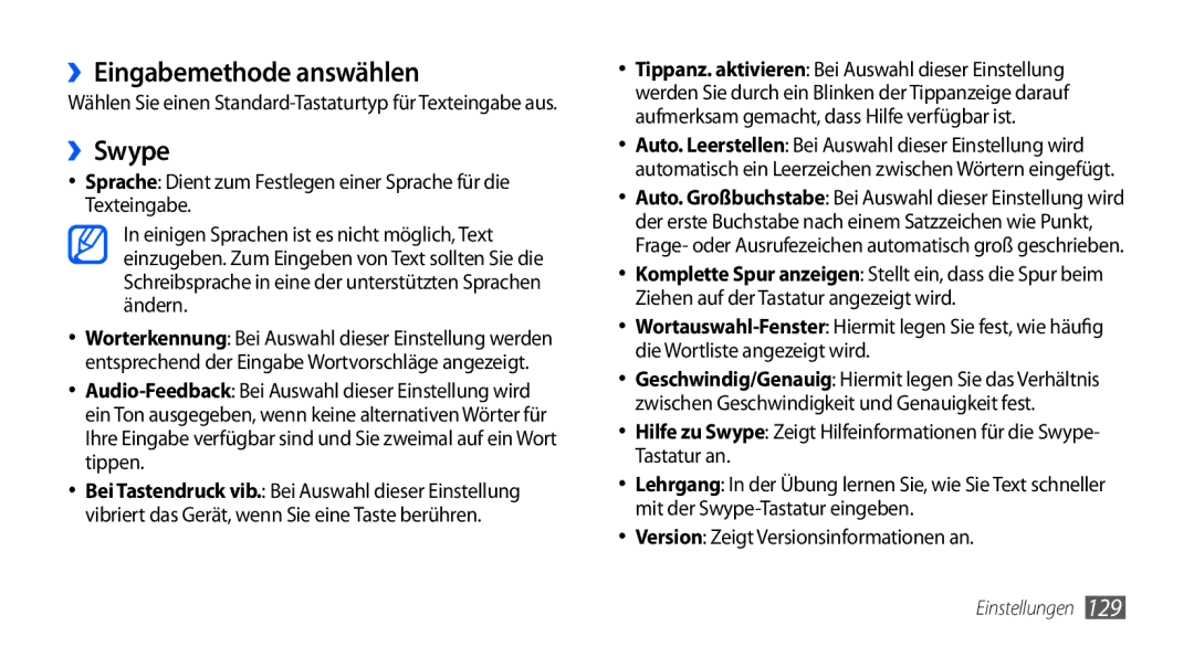 Samsung GT-I9000HKYMOB, GT-I9000HKYDRE manual ››Eingabemethode answählen, ››Swype, Version Zeigt Versionsinformationen an 