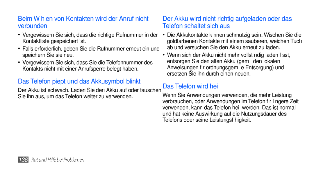 Samsung GT-I9000HKYTMN, GT-I9000HKYDRE, GT-I9000HKDEPL manual Beim Wählen von Kontakten wird der Anruf nicht verbunden 