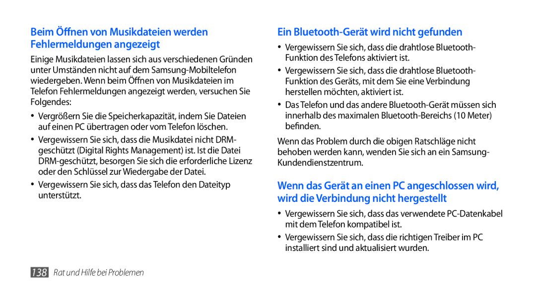 Samsung GT-I9000HKADTM, GT-I9000HKYDRE, GT-I9000HKDEPL, GT-I9000HKDDTM manual Ein Bluetooth-Gerät wird nicht gefunden 