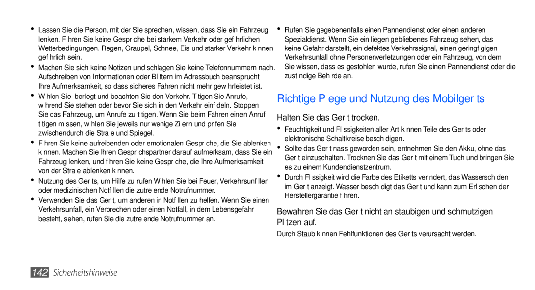 Samsung GT-I9000HKYATO, GT-I9000HKYDRE, GT-I9000HKDEPL, GT-I9000HKDDTM manual Richtige Pflege und Nutzung des Mobilgeräts 