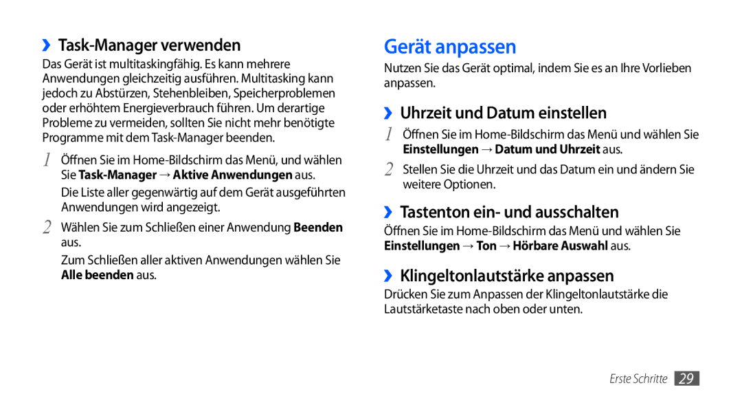 Samsung GT-I9000HKYDRE, GT-I9000HKDEPL manual Gerät anpassen, ››Task-Manager verwenden, ››Uhrzeit und Datum einstellen 