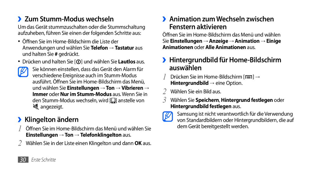 Samsung GT-I9000HKDEPL ››Zum Stumm-Modus wechseln, ››Klingelton ändern, ››Hintergrundbild für Home-Bildschirm auswählen 