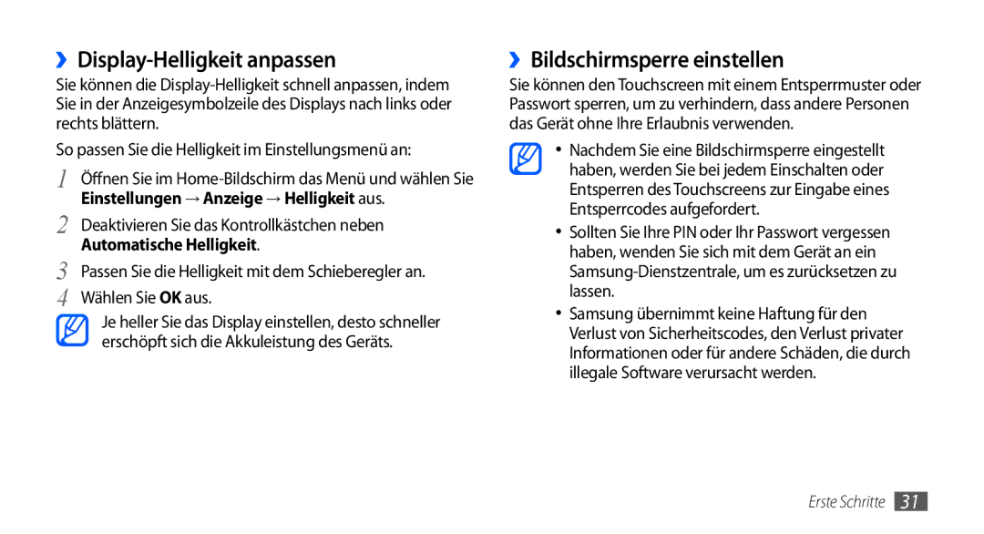 Samsung GT-I9000HKDDTM manual ››Display-Helligkeit anpassen, ››Bildschirmsperre einstellen, Automatische Helligkeit 