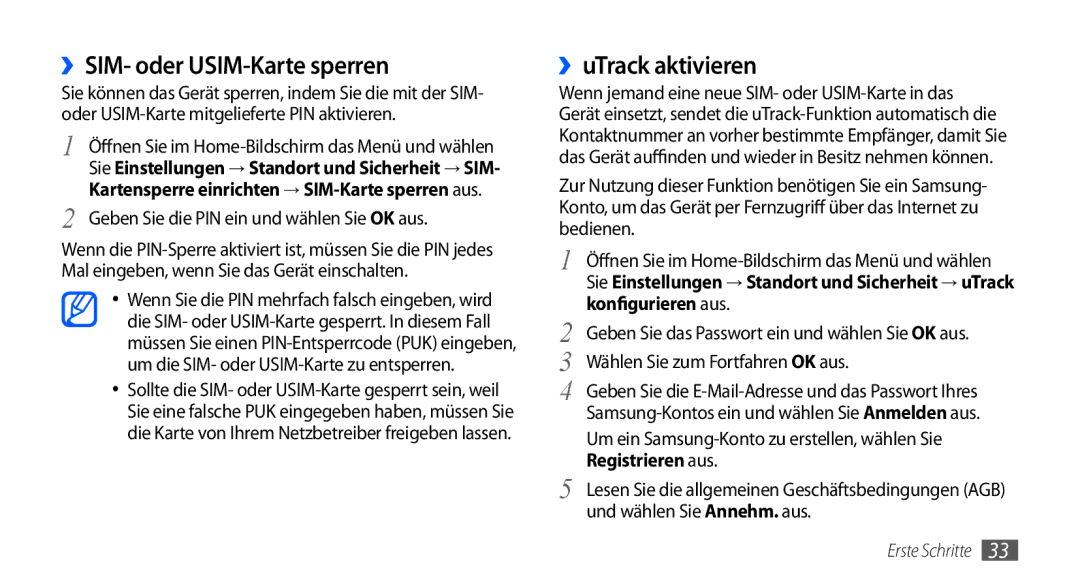 Samsung GT-I9000RWYVIA manual ››SIM- oder USIM-Karte sperren, ››uTrack aktivieren, Konfigurieren aus, Registrieren aus 