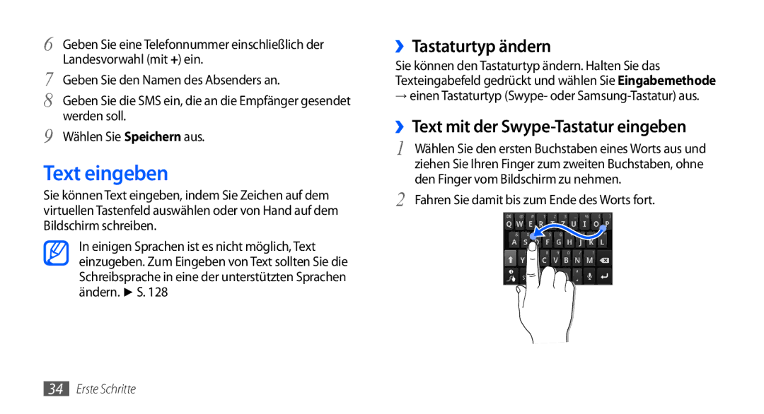 Samsung GT-I9000HKYEUR, GT-I9000HKYDRE manual Text eingeben, ››Tastaturtyp ändern, ››Text mit der Swype-Tastatur eingeben 