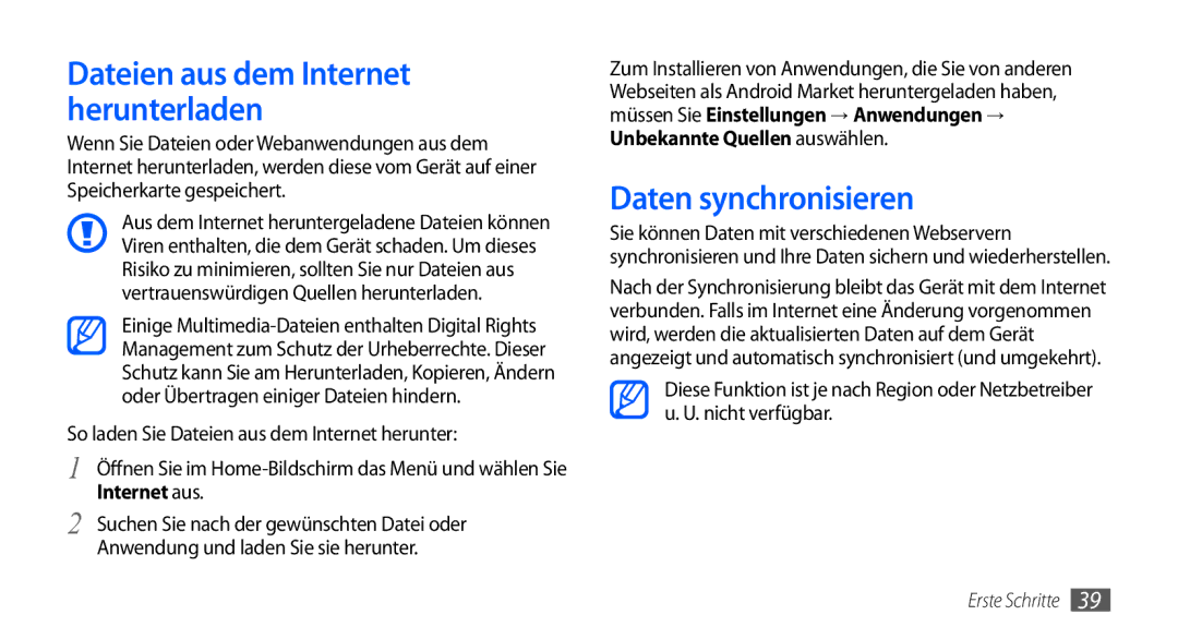 Samsung GT-I9000HKDVIA, GT-I9000HKYDRE Daten synchronisieren, So laden Sie Dateien aus dem Internet herunter, Internet aus 