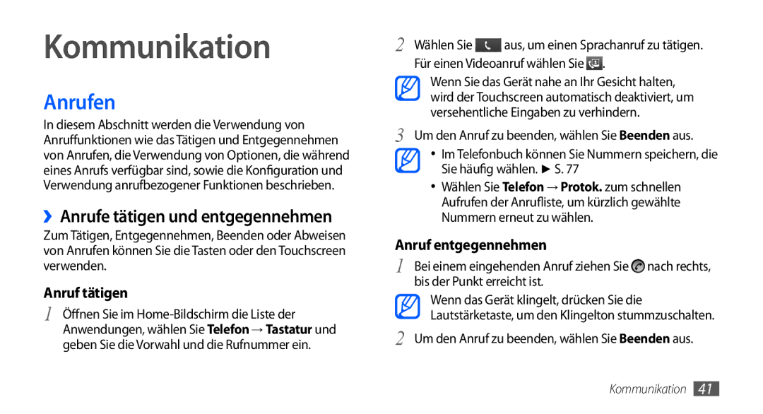 Samsung GT-I9000RWYDTM, GT-I9000HKYDRE, GT-I9000HKDEPL manual Kommunikation, Anrufen, ››Anrufe tätigen und entgegennehmen 