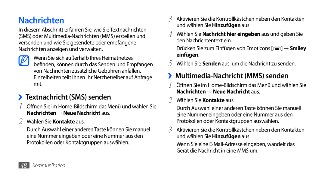 Samsung GT-I9000HKYVIA manual Nachrichten, ››Textnachricht SMS senden, ››Multimedia-Nachricht MMS senden, Einfügen 