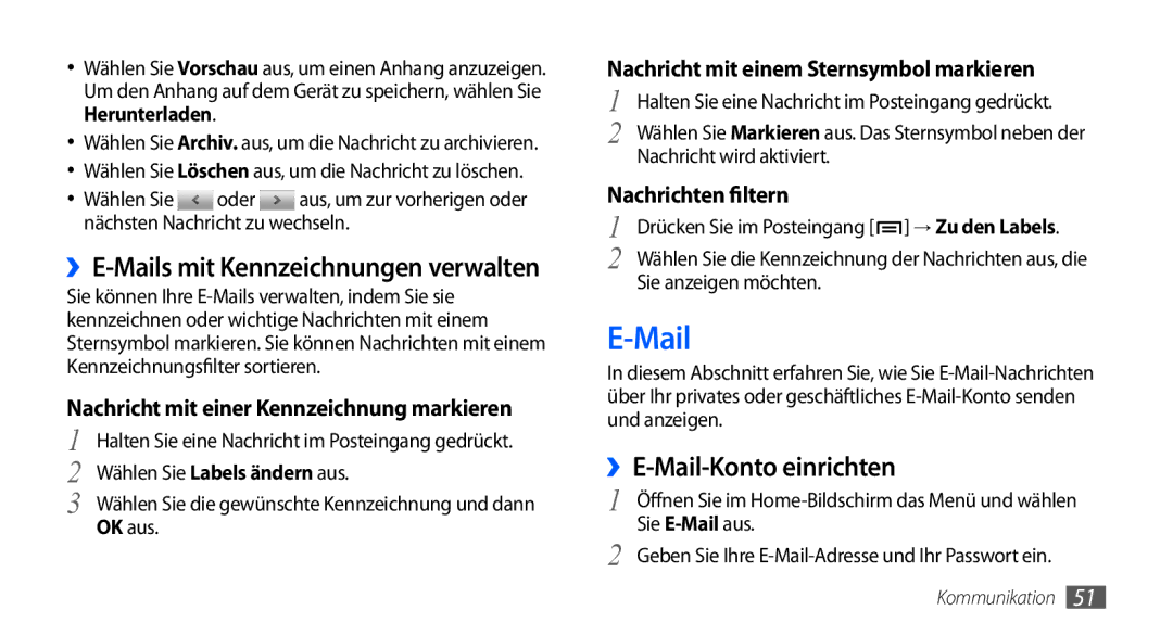Samsung GT-I9000HKADTM, GT-I9000HKYDRE manual ››E-Mail-Konto einrichten, ››E-Mails mit Kennzeichnungen verwalten 