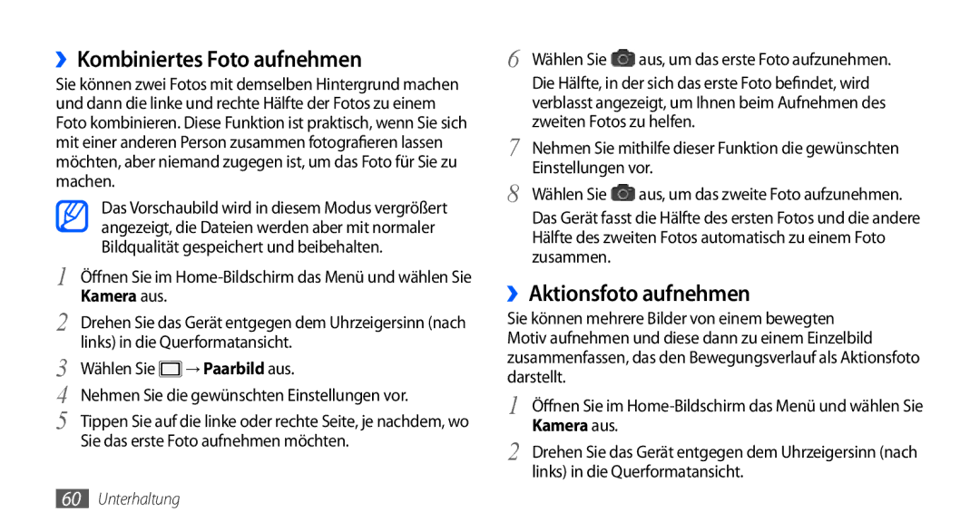 Samsung GT-I9000HKDDTM, GT-I9000HKYDRE manual ››Kombiniertes Foto aufnehmen, ››Aktionsfoto aufnehmen, → Paarbild aus 